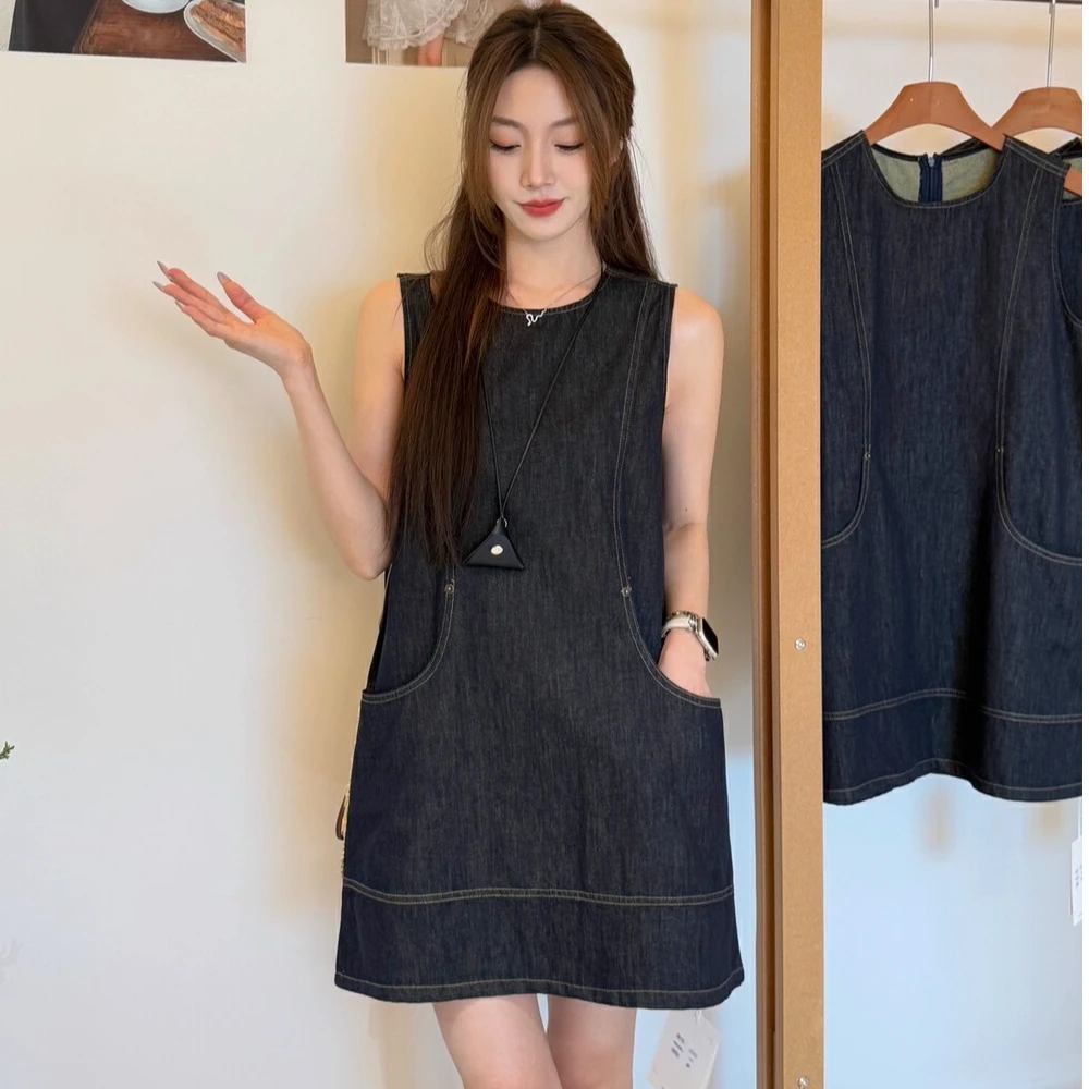 气质时尚休闲显瘦夏宽松减龄复古韩版无袖外穿百搭牛仔背心连衣裙
