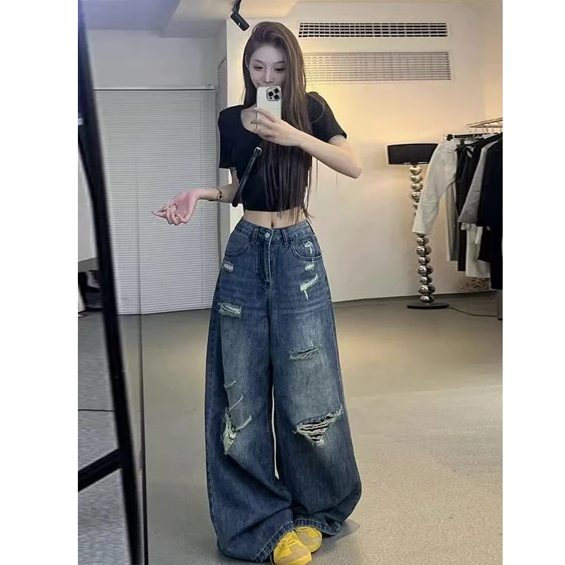 【免费试穿】阔腿破洞裤辣妹牛仔裤女高腰宽松垂感拖地美式长裤子潮