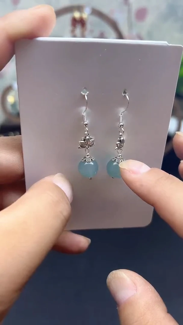 银S925镶嵌石英质玉（天山翠）耳饰079