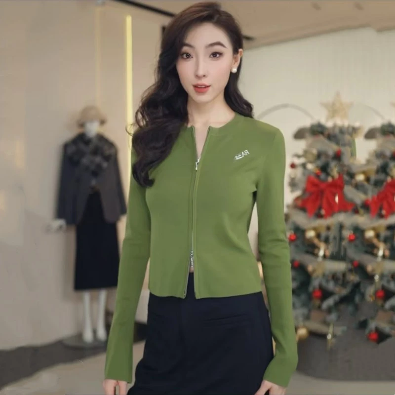 【GIRDE正品】年显瘦圆领字母双拉链冰丝针织开衫女外套148003