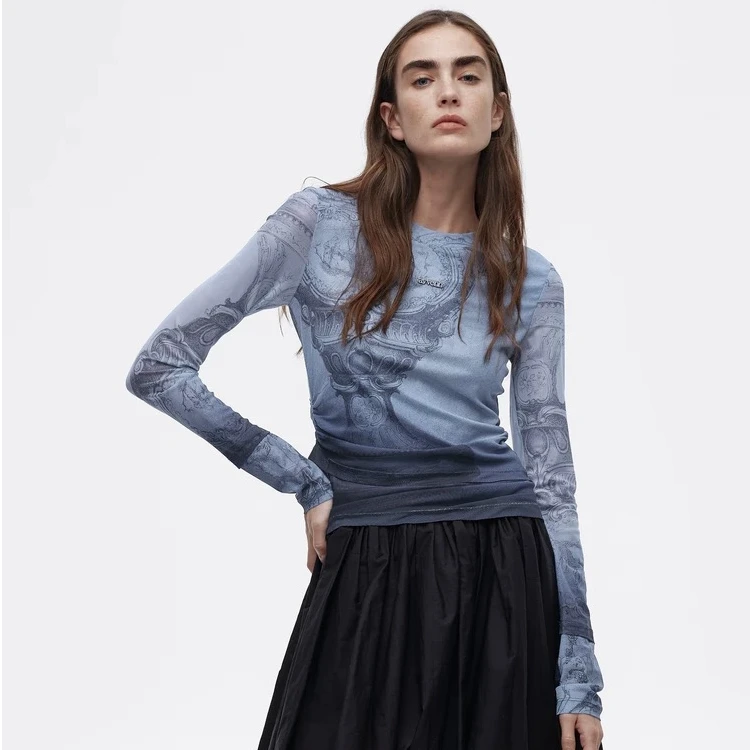 AVVENN2025春季新品复古油画感印花磨砂渐变长袖网纱衣AL10801569