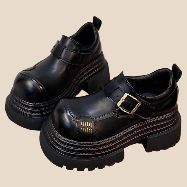 啄木鸟百搭内增高小白鞋大头金属扣厚底松糕小个子小皮鞋乐福鞋英