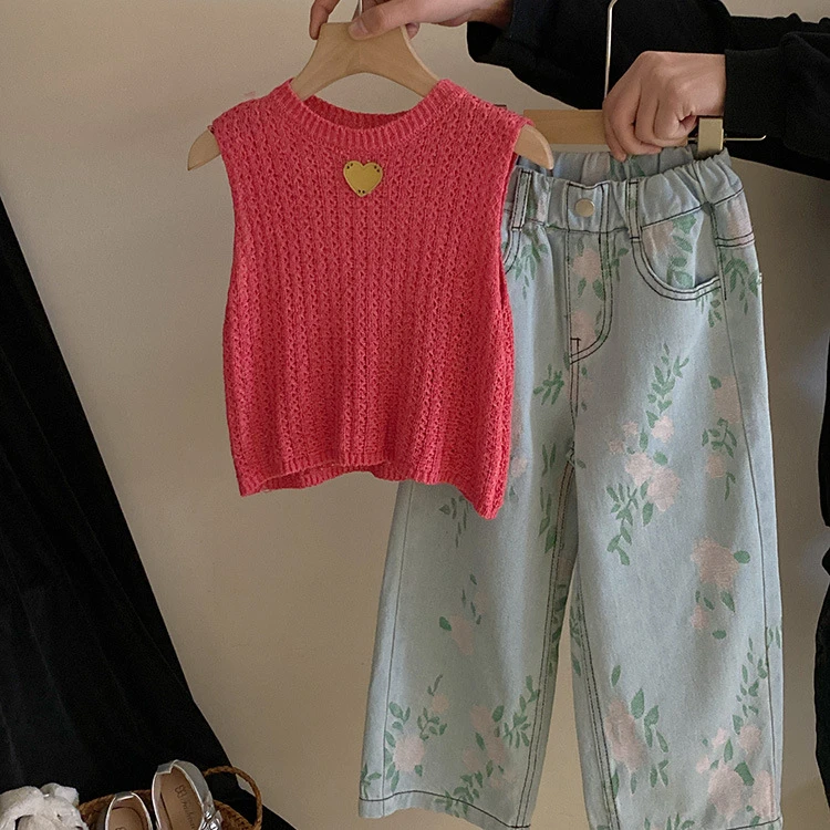 韩版甜美套装2024女童新款针织多巴胺背心小清新碎花牛仔裤套装潮
