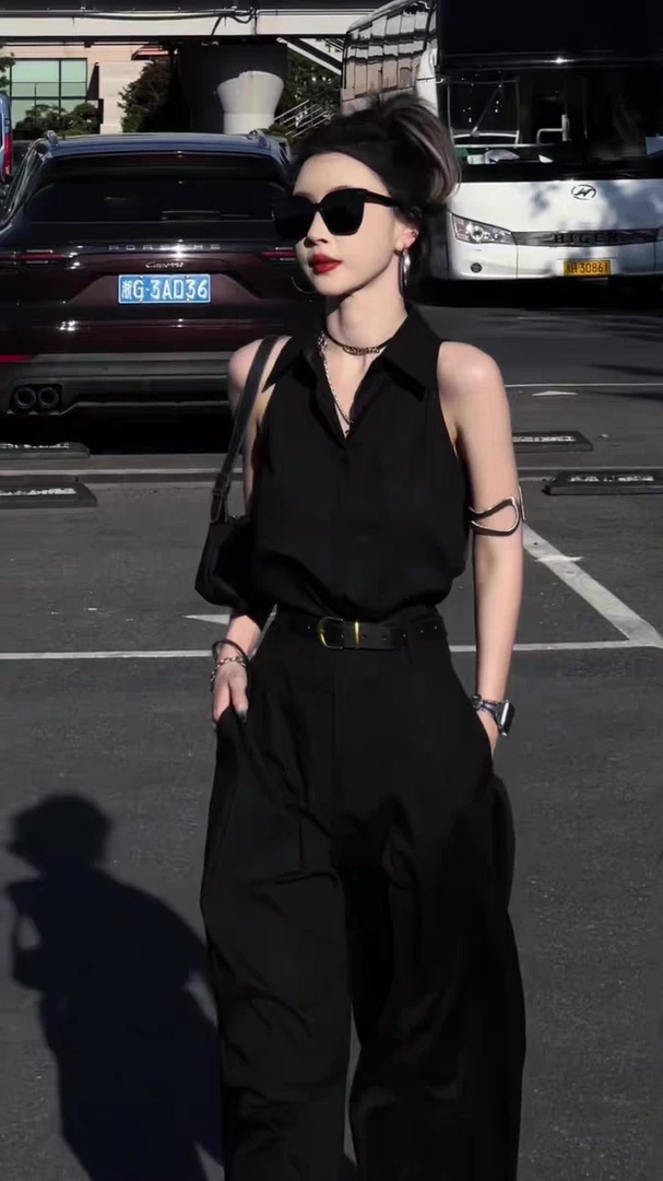 M158 高级感冷淡风法式领无袖衬衫高腰气质阔腿裤时尚洋气套装