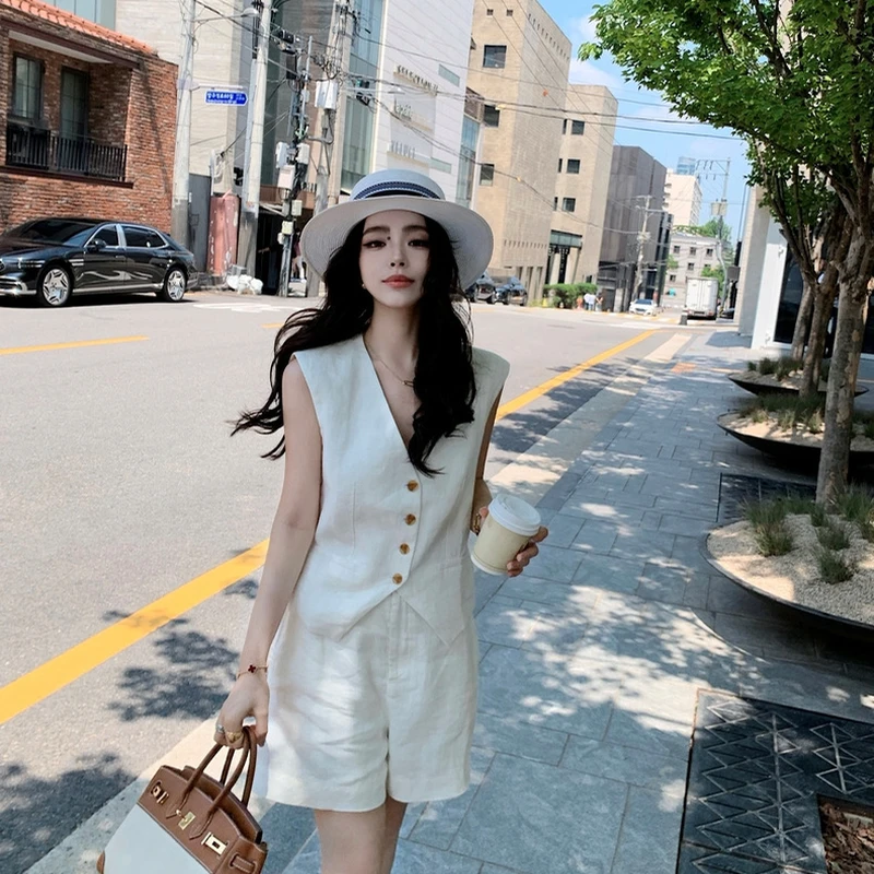 亚麻套装亚麻西装气质裙子连衣裙短裤休闲马甲西装套装女装小香风