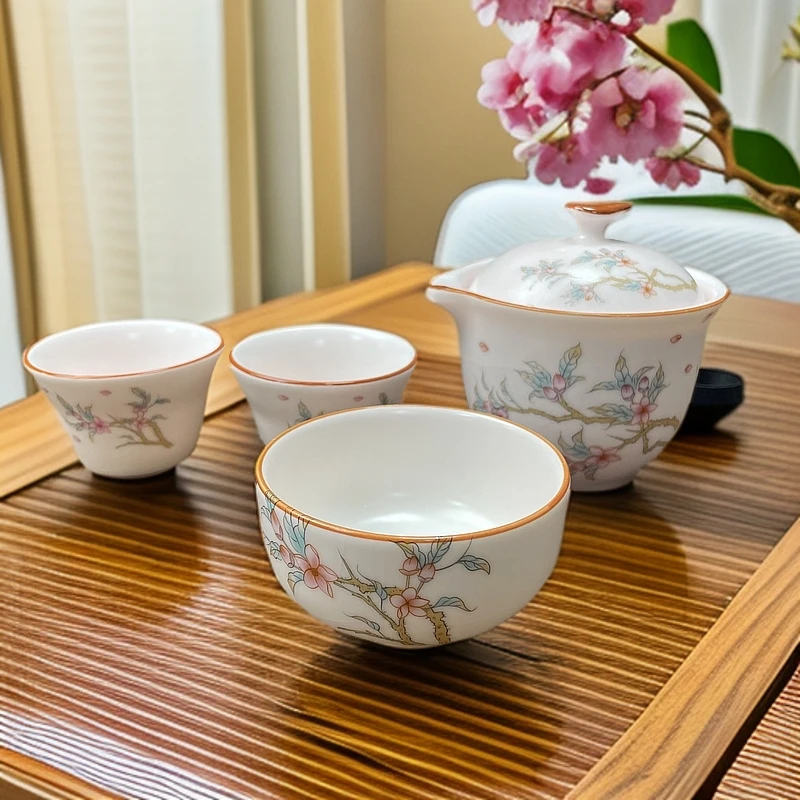 A203粉色世外桃源桃花三杯旅行车载户外家用便携式中式旅行茶具