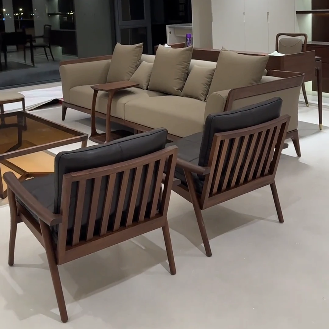 客厅实木沙发意式轻奢小户型真皮沙发组合家用北美黑胡桃木沙发