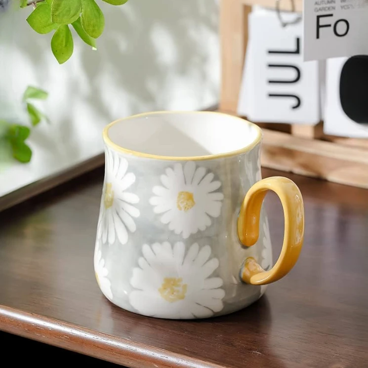 【BRN家】500ML 灰色雏菊马克杯 茶杯 奶杯 欧式田园风 送搅拌勺