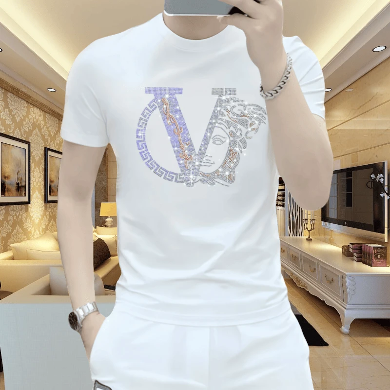 男士短袖夏季修身圆领运动个性潮流男士冰丝修身T恤烫钻休闲上衣