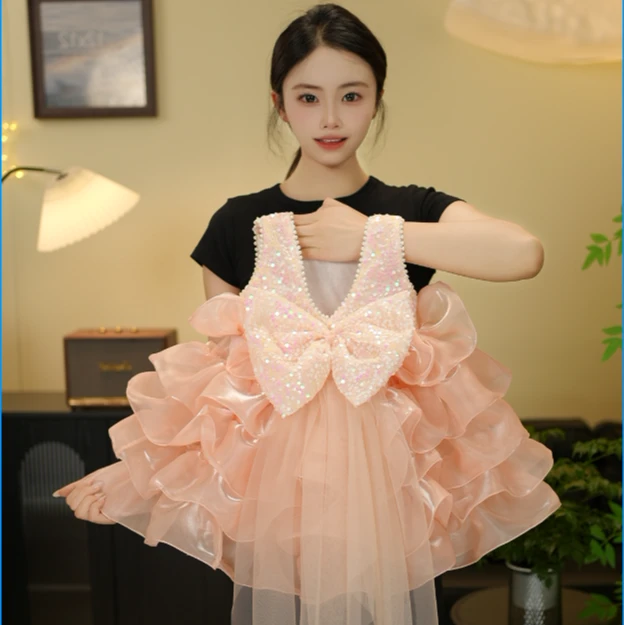 2025新款女童原创设计夏季浅粉色蓬蓬裙