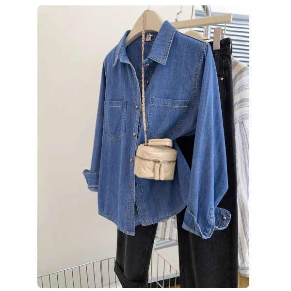 蓝色正肩牛仔衬衫外套春季高级感小个子复古长袖衬衣上衣2025新款