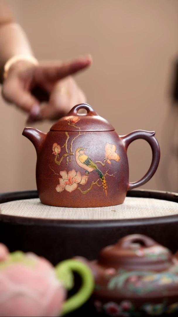茶壶紫砂柴烧胭脂红秦权泥绘花鸟