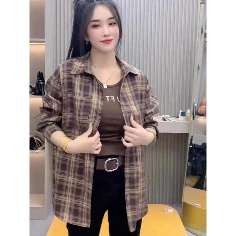 欧货复古字母背心格子长袖衬衫外套女2025早秋新款休闲百搭两件套
