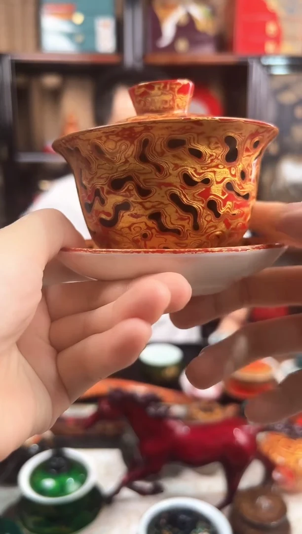 非遗太古大漆红黑金三才盖碗