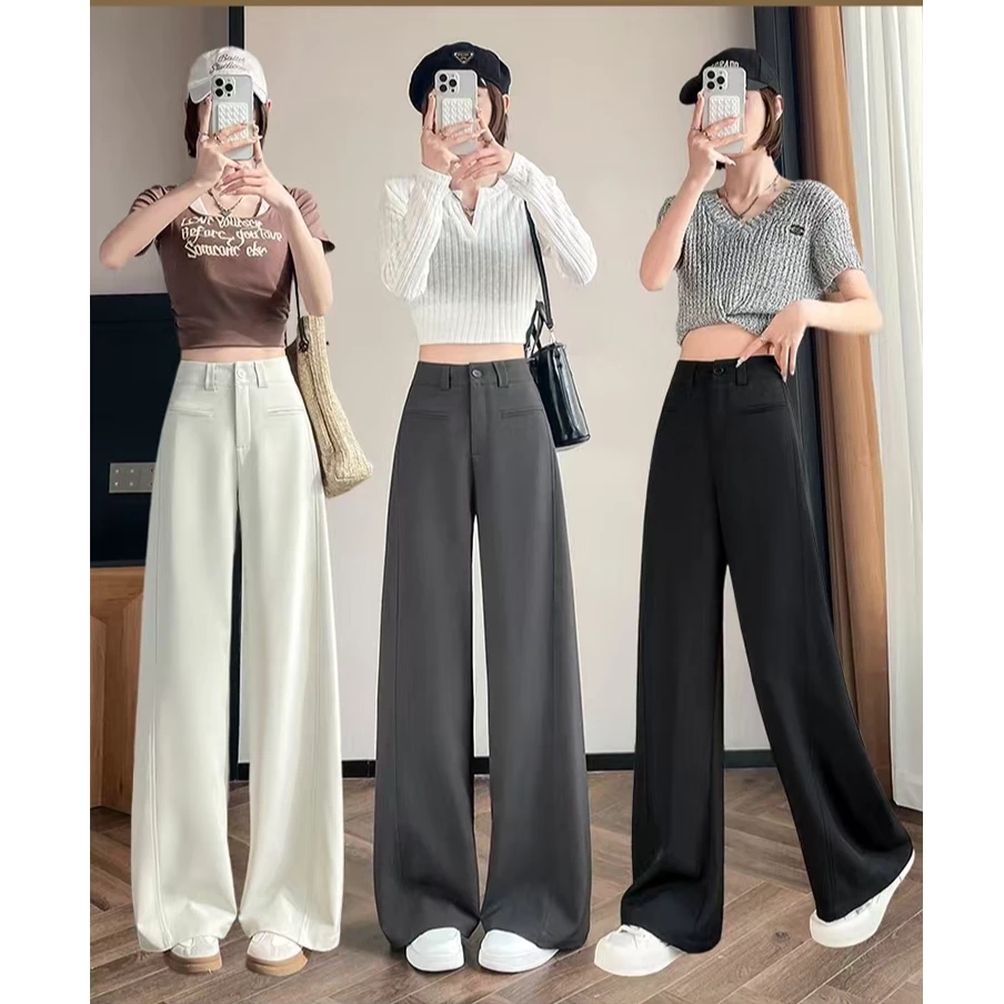 米白色西装裤女夏薄20255款高级感垂感直筒宽松拖地窄版阔腿裤子