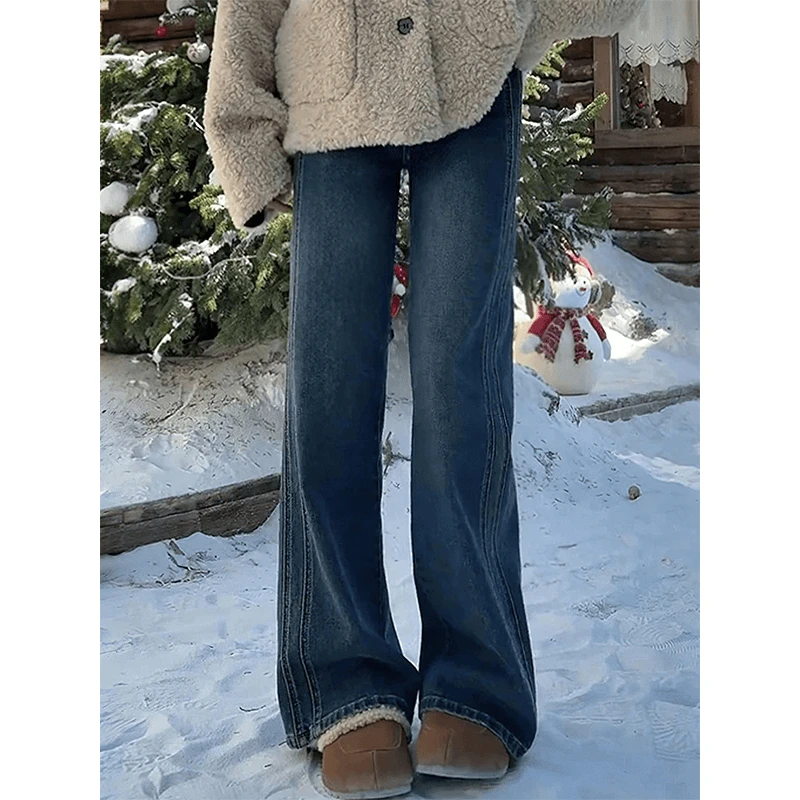 韩系复古蓝大码高腰显瘦牛仔裤秋冬梨型身材宽松遮胯百搭直筒长裤