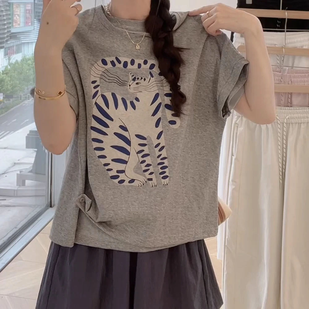 雪花棉~超透气新款短宽松打褶卡通图案女士休闲韩版短袖