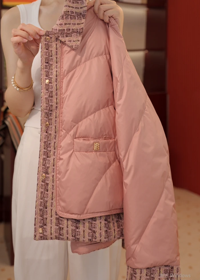 【JZ】新款粉色拼接时尚粉色女士羽绒服百搭洋气显瘦