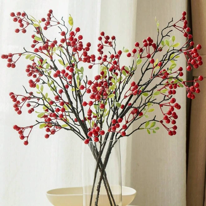 春节新年红果摆件仿真绿叶浆果发财果客厅居家软装福桶红果