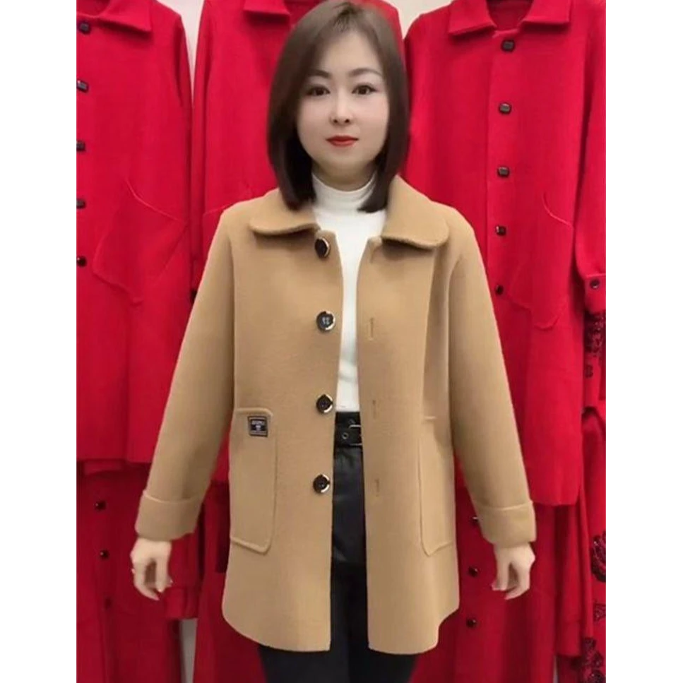 秋冬仿双面呢中年妈妈装女洋气高档中长款宽松开衫外套毛呢厚大衣