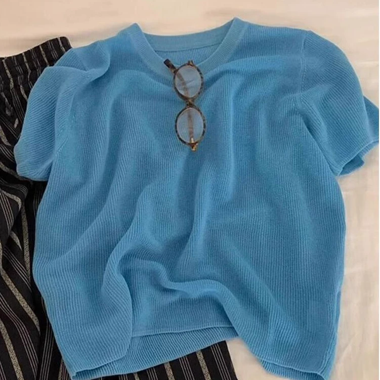 夏季克莱因蓝色冰丝正肩短袖T恤女洋气减龄时尚短款圆领针织上衣