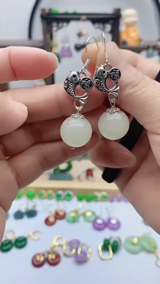 银S925镶嵌和田玉耳饰131