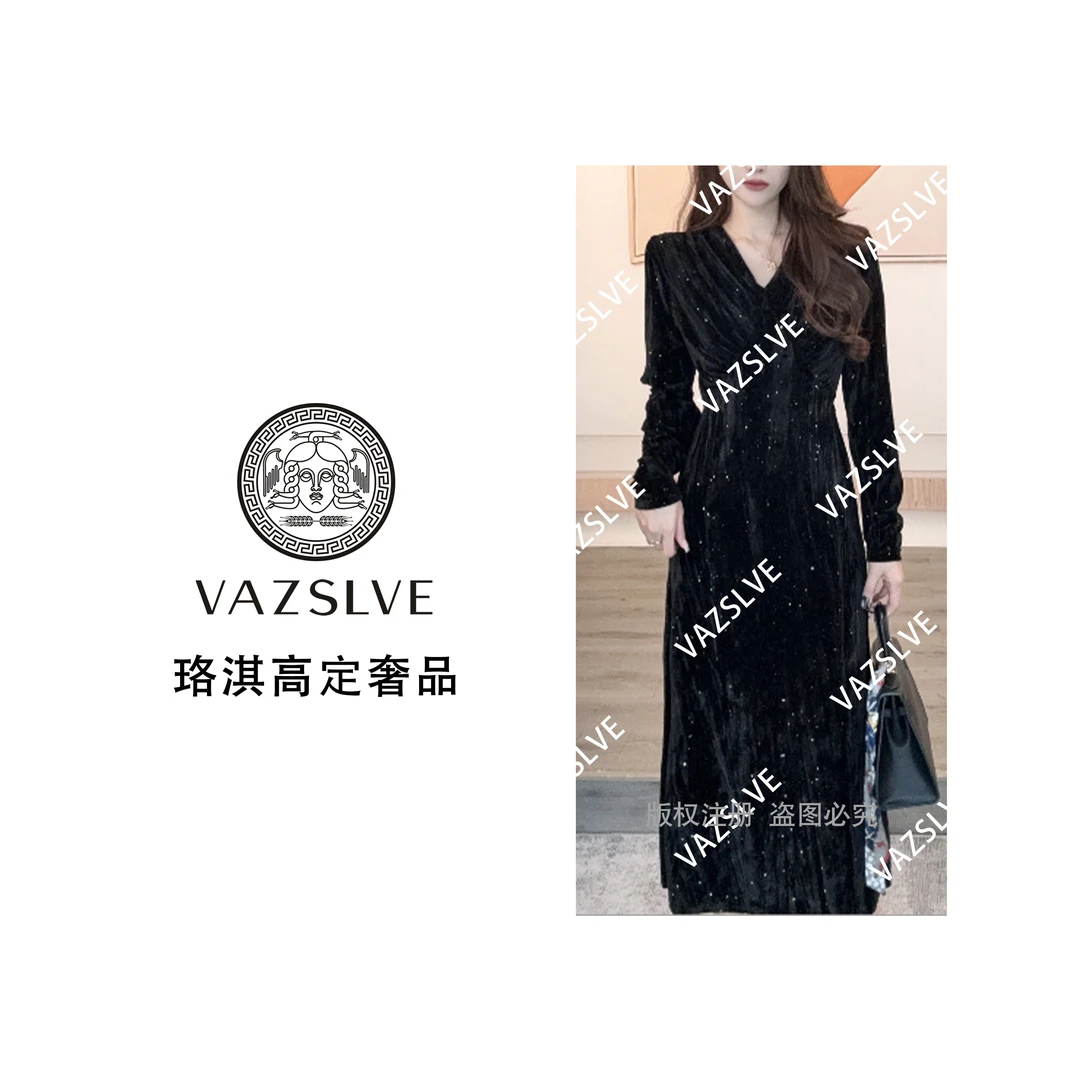 【VAZSLVE/珞淇高定】新款重工烫钻满天星连衣裙长裙Q24CL2035
