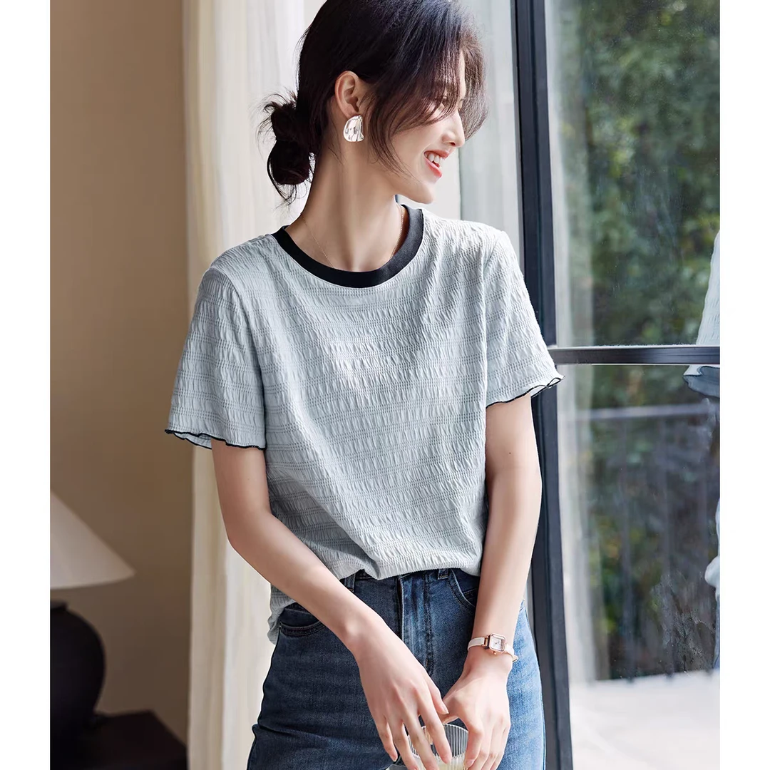 清 清 清」蓝泡泡T恤！别致肌理感木耳边正肩短袖圆领上衣D40162