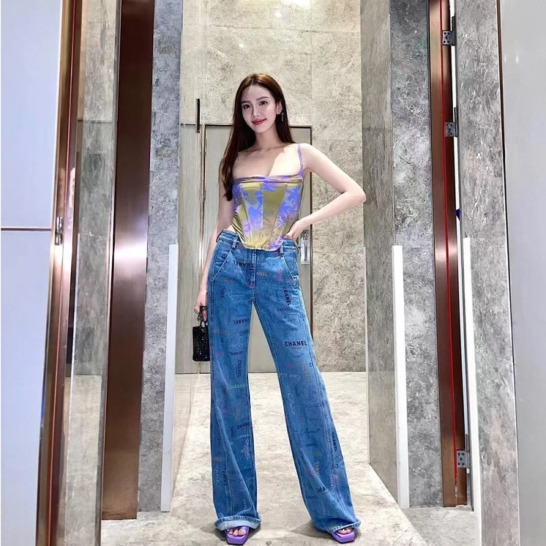 99新 Chanel/香奈儿 蓝色满logo36牛仔裤M622