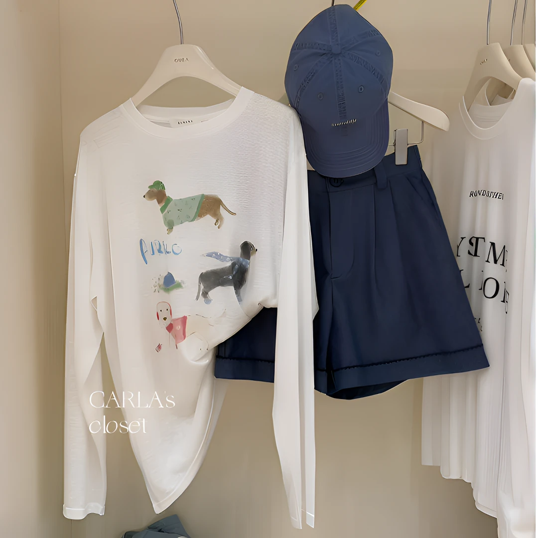 雪花棉宽松减龄卡通印花长袖T恤女慵懒风舒适休闲罩衫上衣日系