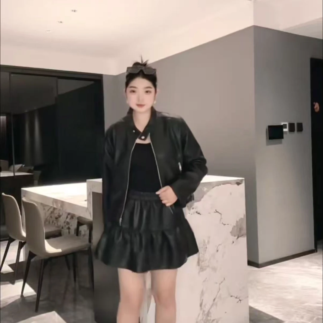 女长袖短款圆领薄款极简风短外套皮衣8810