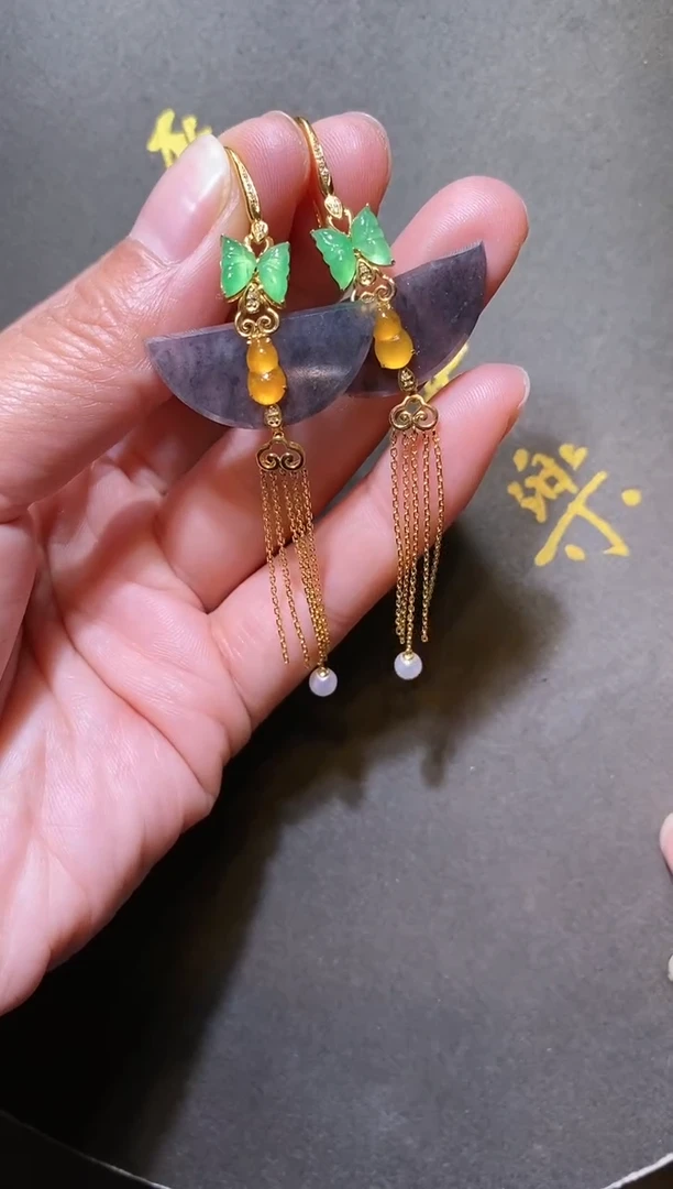 【闪购商品】翡翠耳饰18K金镶嵌翡翠扇形耳坠