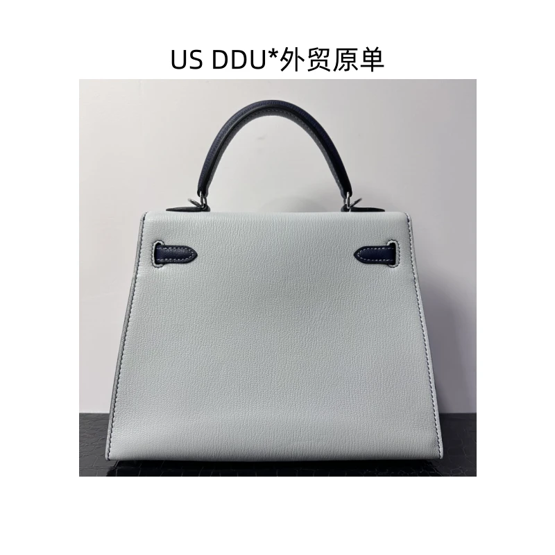 A174 珍珠灰拼宝石蓝银扣凯莉25外缝法羊皮手提包1216/D014