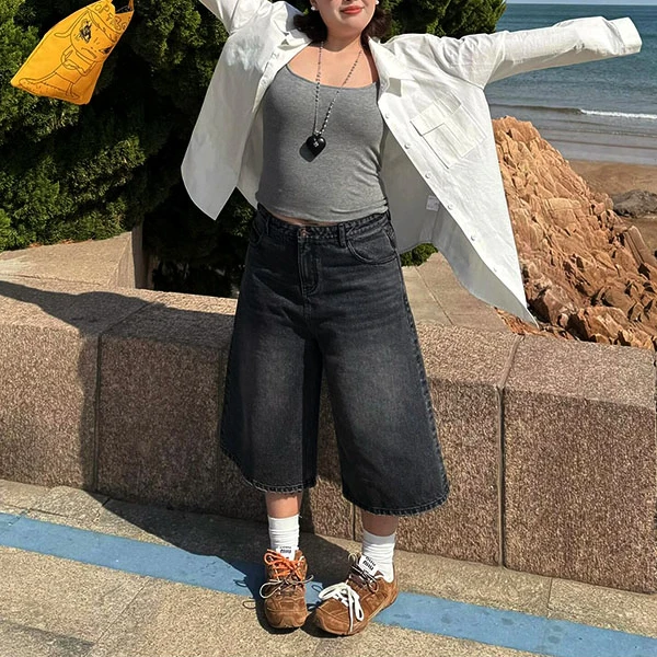300斤大码女装复古牛仔短裤夏季新款胖mm高腰显瘦牛仔七分裤女