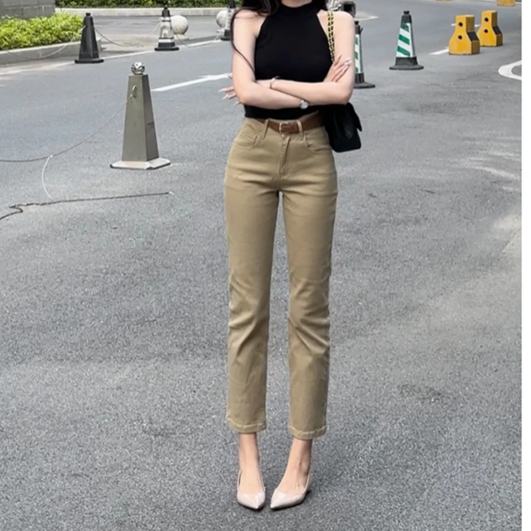 锡特帕第卡其色老钱风九分直筒牛仔裤女士夏季新款高腰弹力九分裤