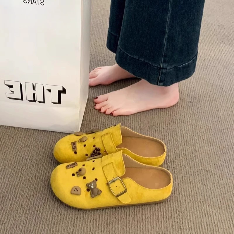 三福真皮黄色勃肯鞋半拖鞋女款夏外穿2025新款透气洞洞鞋懒人凉拖