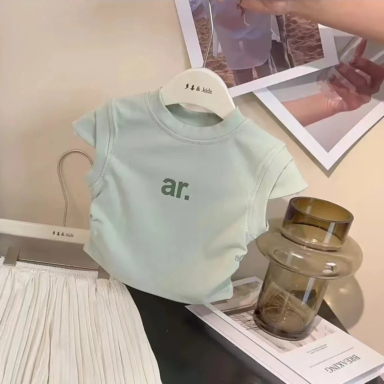 女童夏季新款2025韩版薄款清凉垂感时尚休闲印花无袖经典时尚上衣