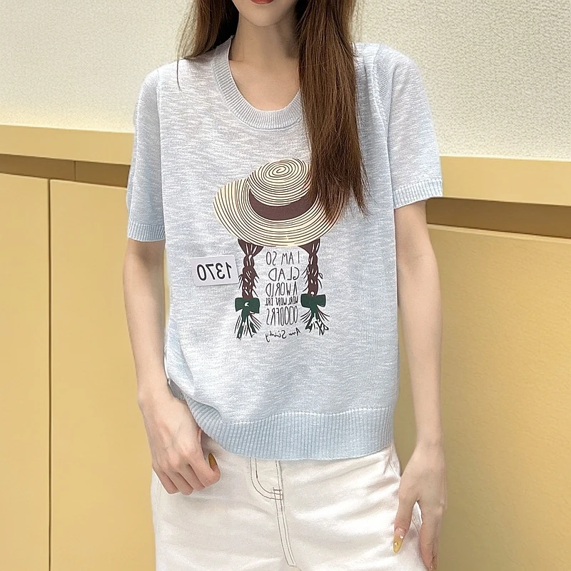 1370【柚子推荐】草帽韩版字母印花短袖上衣撞色夏季新款宽松针织