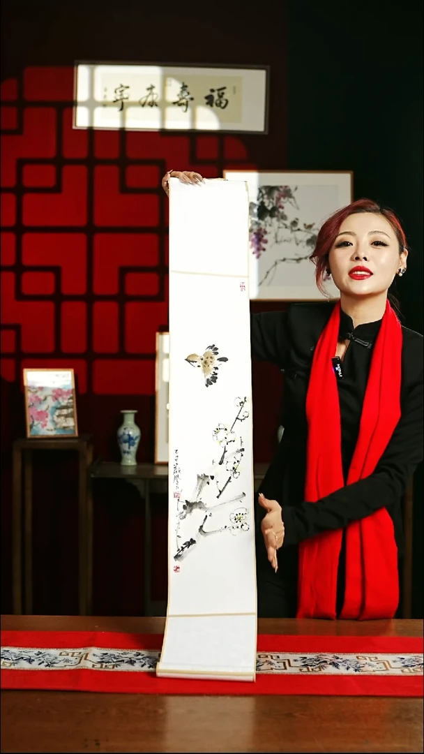 【闪购商品】书法绘画卷轴17*110冬梅花麻雀