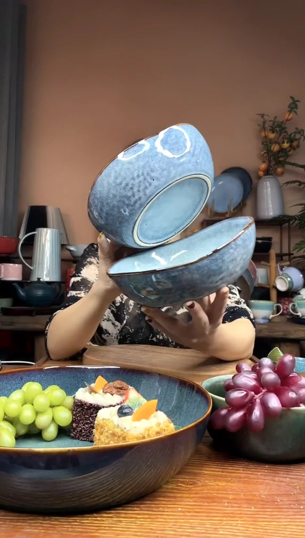 陶瓷7英寸蓝色手捏纹元宝碗 2件装 微瑕疵