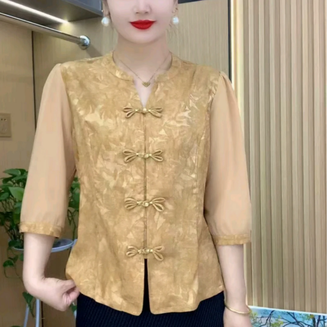 时尚潮流新中式纯色半开领薄衬衣气质民族风女士大码显瘦上衣夏装