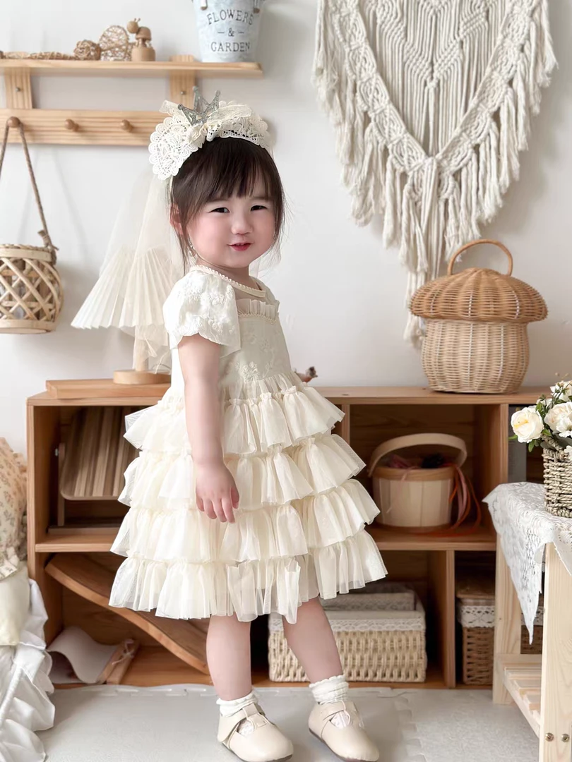 J51“巴洛克”女童L·H·NIAO2025夏款爆款米色法式宫廷风公主蓬蓬裙