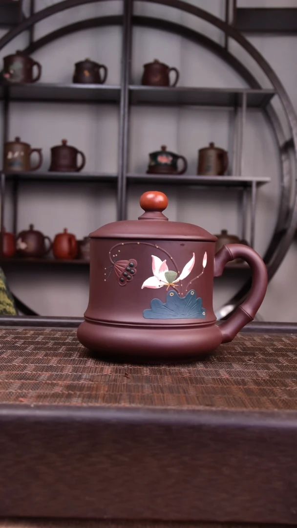 茶杯紫砂手工泥绘鸿运当头茶花莲子杯450CC容量