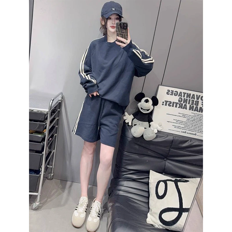 欧洲站2025秋季新款美式百搭宽松中长款圆领上衣时尚高腰短裤套装