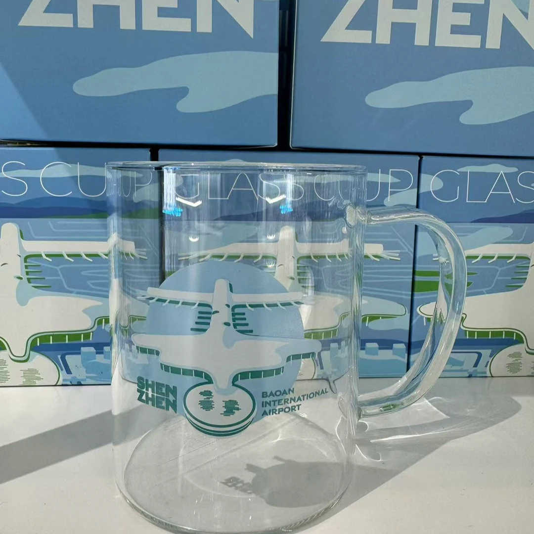 深圳机场文创高硼硅加厚防爆可加热大口径透明玻璃杯-鱼翔蓝天款