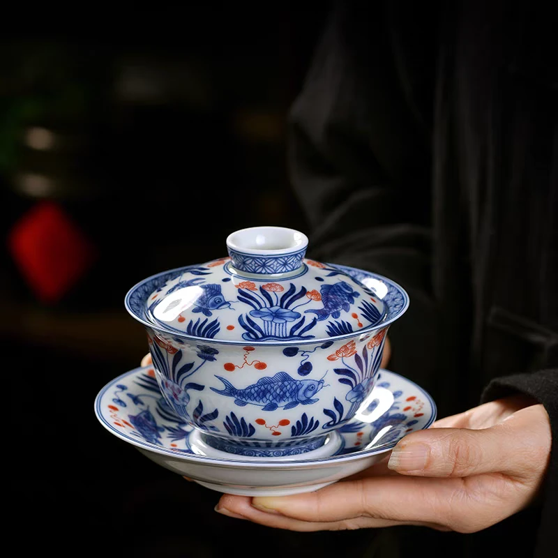 景德镇手工手作釉下彩青花釉里红鱼藻纹高端陶瓷元宝三才盖碗