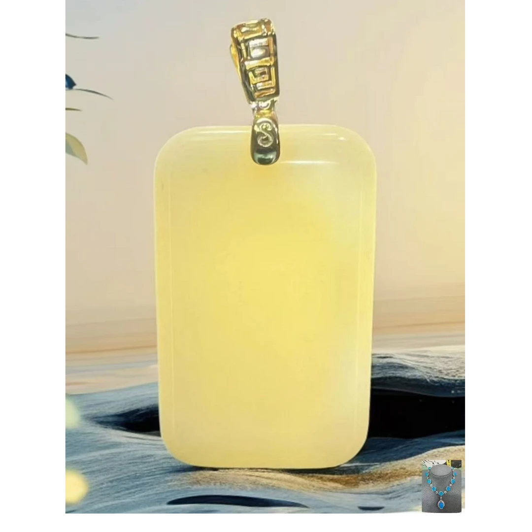 和田玉白玉 无事牌 吊坠  银S925镀金镶嵌 带蓝项链 sz