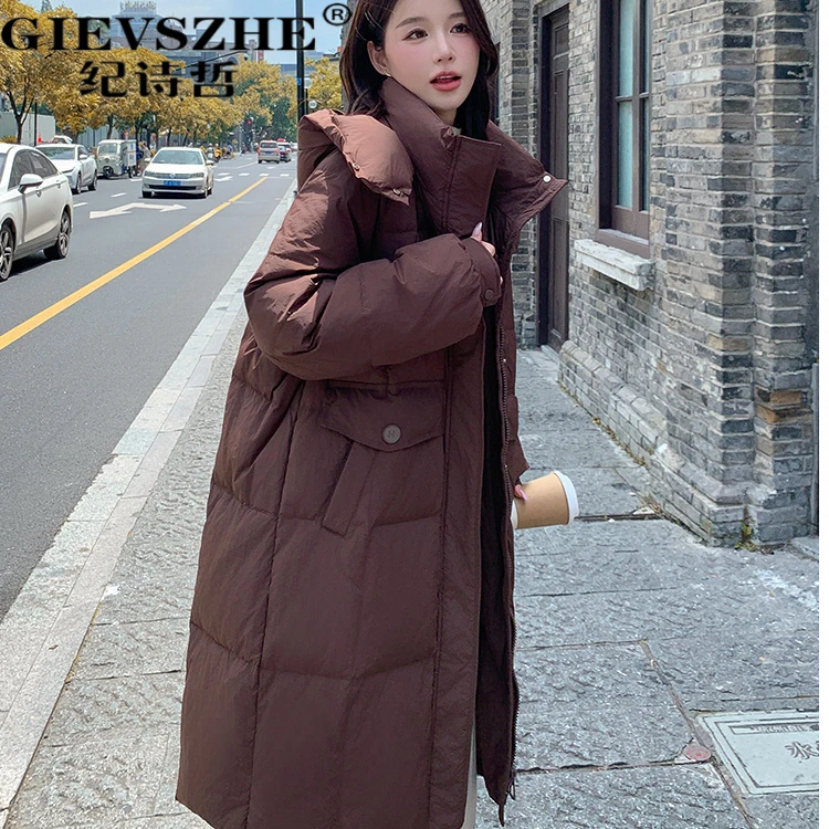 纪诗哲长款加大码连帽羽绒服女2025新款宽松显瘦90白鸭绒冬季外套