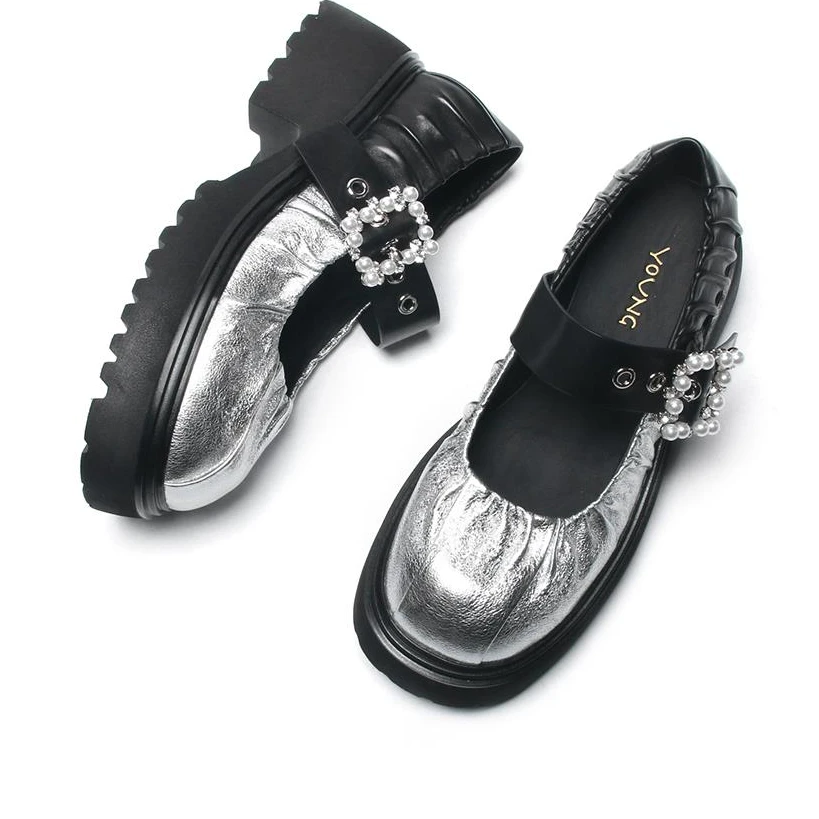 女2025春季新款厚底珍珠水钻小皮鞋英伦风复古时尚潮流最新款单鞋