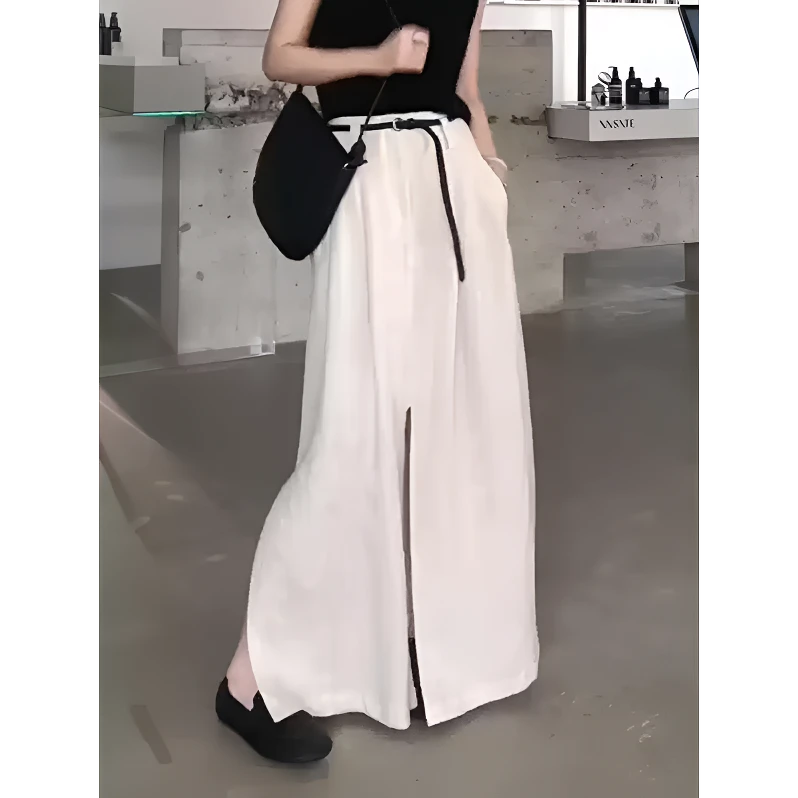 白色开叉高腰显瘦a字半身裙子女夏季新款洋气百搭宽松休闲长裙